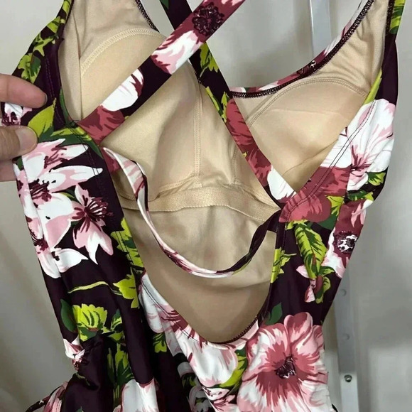 Kona Sol Size Large (12-14) Burgundy One Piece Swimsuit Beach Floral Tropical - Picture 6 of 9